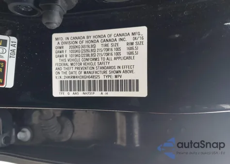 2016 Honda Cr-V Lx z USA, uszkodzony, nr VIN 2HKRM4H3XGH648525